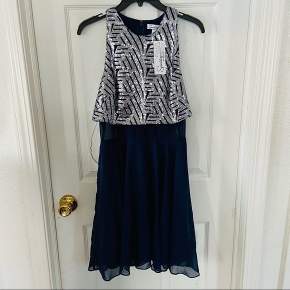NWT SPEECHLESS navy sparkle silver sleeveless sequence mini dress size 7